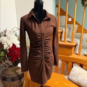 🎈3 for $35🎈ZARA Womens Brown Ruched Long Sleeve Short Dress